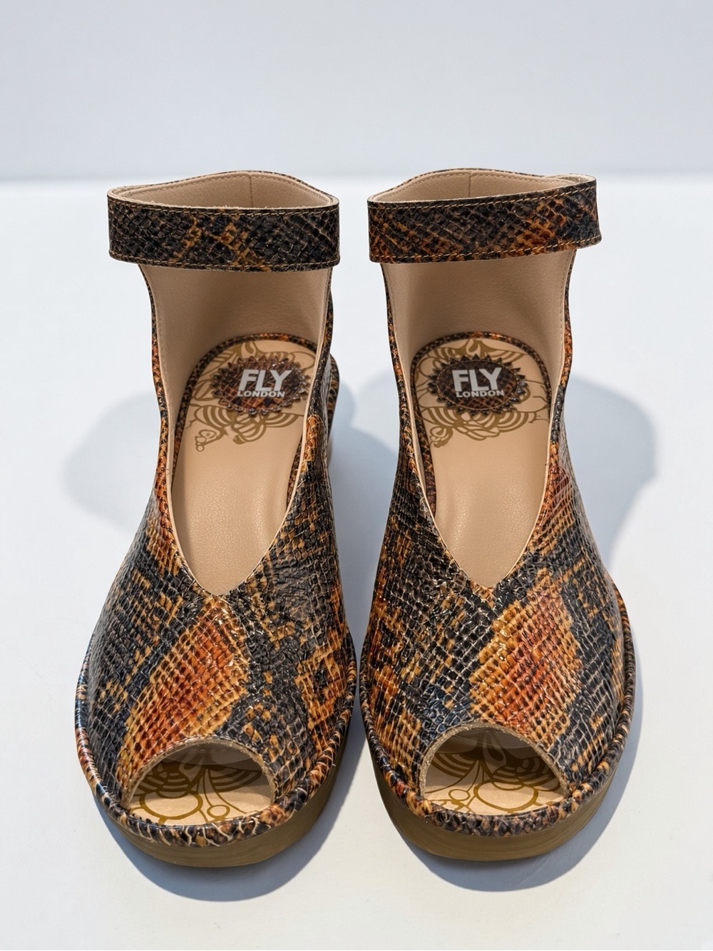Fly London YALA peep-toe wedge sandals in metallic snake print